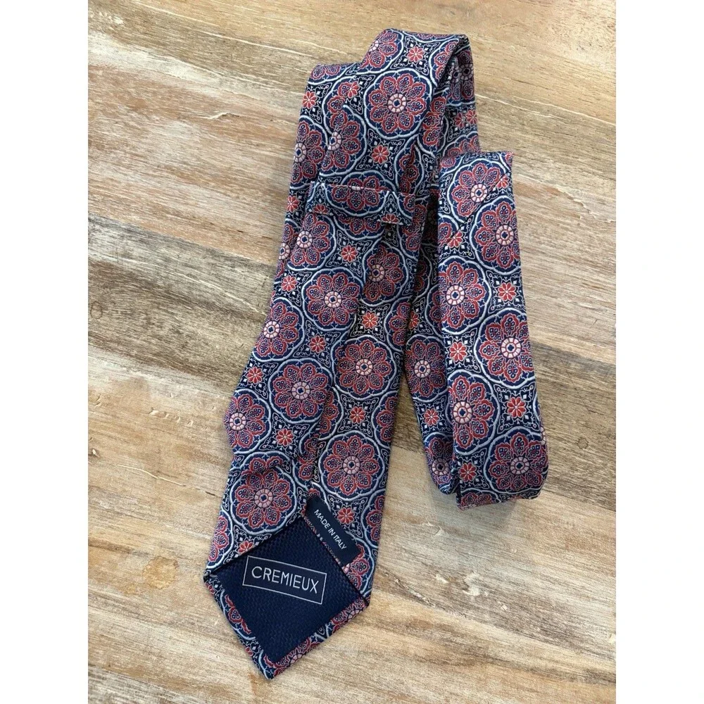 CREMIEUX Silk Tie Red & Blue Floral Medallion Jacquard Necktie 59” Made In Italy